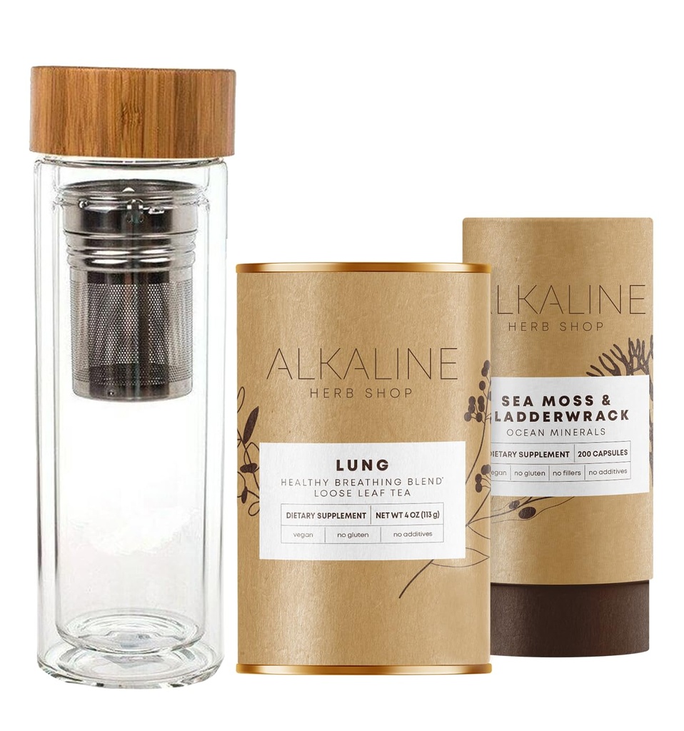 Alkaline Kräuter Shop Gesunde Lung Bundle - Sea Moss & Bladderwrack Supplement, Lunge Tee Supplement (Happy Lung Tea) und Double Wall Glas trinken Edelstahl Tee Infuser Wasserflasche Bamboo 17 oz