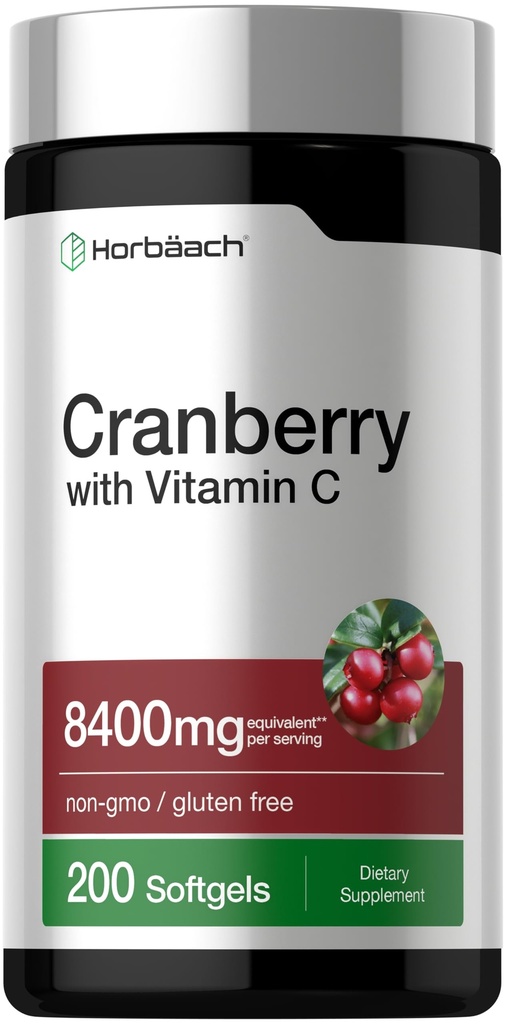 Horbäach Cranberry Pillen für Damen und Herren | 8400mg | 200 Softgels | Extraktergänzung mit Vitamin C | Non-GMO, Glutenfrei