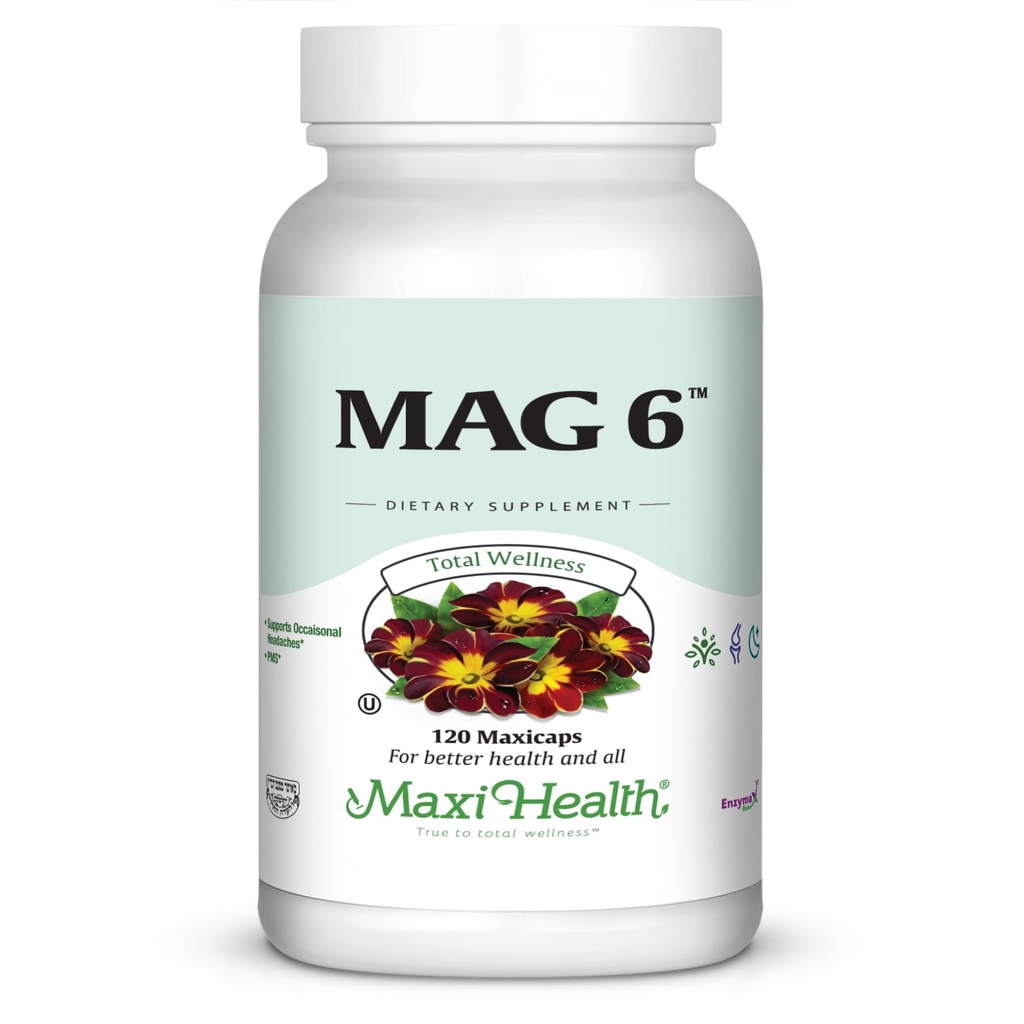Maxi Health MAG 6 - Magnesium (als Oxid, Glycinat) mit Vitamin B6 - Migraine, Muskelkrämpfe, Nierenstein-Unterstützung - Magnesium Supplement für Damen und Herren - 120 Kapseln - Kosher