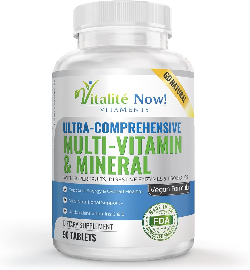 Vegan Ganzes Lebensmittel Multivitamin & Mineral - Vitamine A B1 B2 B6 B12 C D3 E & 110 Super Foods, Kräuter, Grüne & Rote - Enzyme & Probiotika für Immununterstützung - Energy Boost - 90 Tabletten