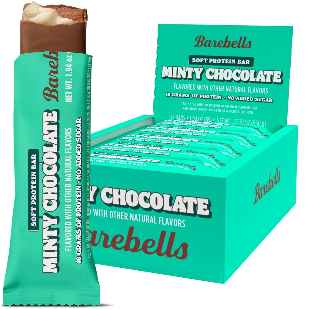 Barebells Soft Protein Bars, Minty Chocolate - 12 Count, 16g High Protein Treats - Chocolate Nutrition Bar mit 1g Gesamtzucker - On The Go Breakfast oder Post-Workout Snack