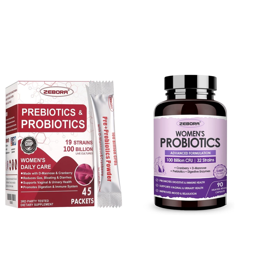 ZEBORA Probiotics-for-Women 100-Billion-CFUs mit Präbiotika, D-Mannose & Cranberry für Verdauungs-, Immun-, Feminine UT Health Support, Ultimate Probiotic Women's Care, Soy & Gluten Free, 45 Packets