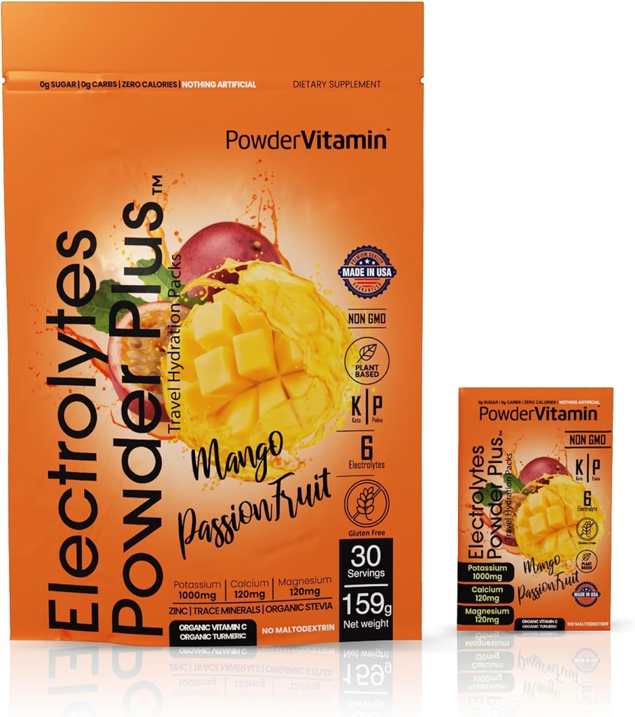 PowderVitamin Elektrolyte Powder Plus, Keto, Mango Passionfruit, Sugar Free, 1000mg Kalium, 120mg Calcium, 120mg Magnesium, Non-GMO, Zero Calories, 30 Hydration Packets