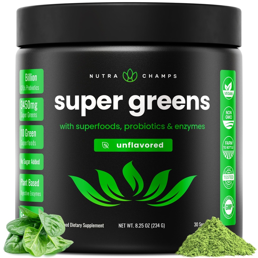 NutraChamps Super Greens Powder Premium Superfood | 20+ Organic Green Veggie Whole Foods | Weizengras, Spirulina, Chlorella | Antioxidant, Verdauungsenzym & Probiotic Blends (9.0 Oz, Unflavored)