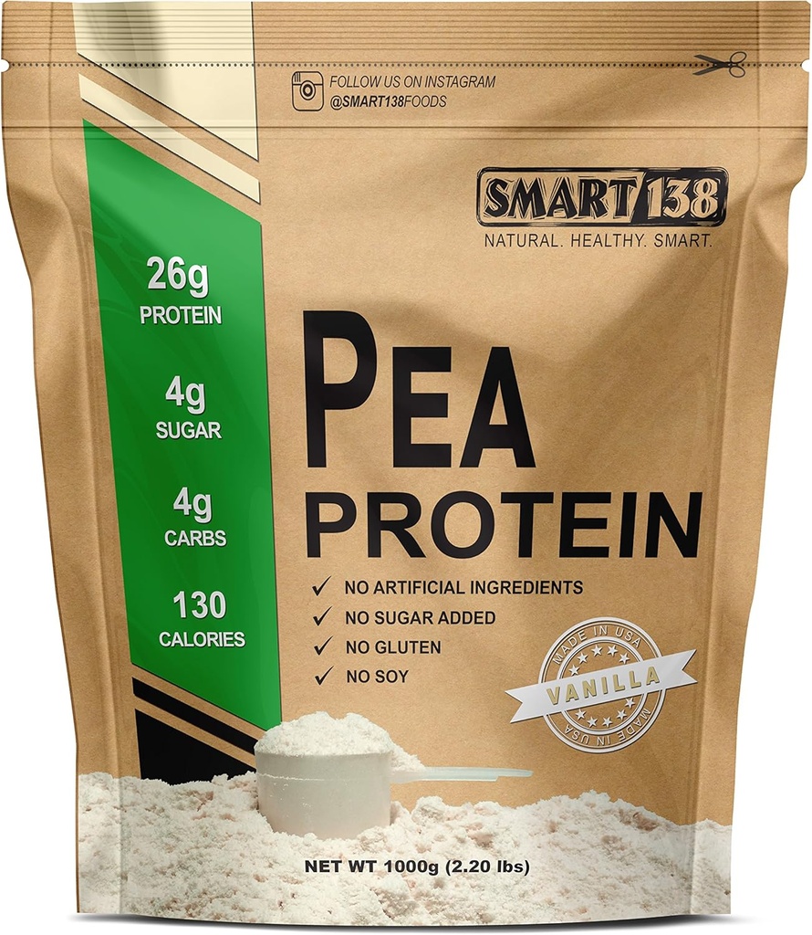 Smart138 Vanilla Pea Protein, Ultra-Fine Powder, Vegan, Glutenfrei, Sojafrei, Dairy-Free, Non-GMO, USA/Kanada, Keto (Low Carb), Natural BCAAs (1000g / 2.2lbs, Vanille)