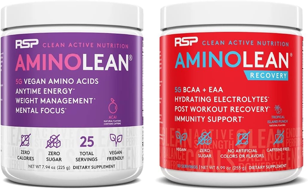 RSP NUTRITION Vegan AminoLean Pre Workout Energy (Acai 25 Servings) mit AminoLean Recovery Post Workout Boost (Tropical Island Punch 30 Servings)