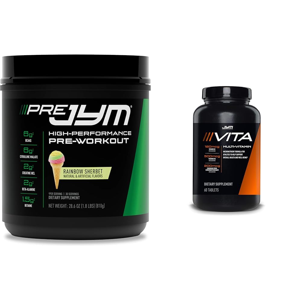 JYM Supplement Science Pre Jym Rainbow Sherbet Pre-Workout, 30 Servings & Vita JYM Multivitamin für Sportler, 60 Tablets Bundle