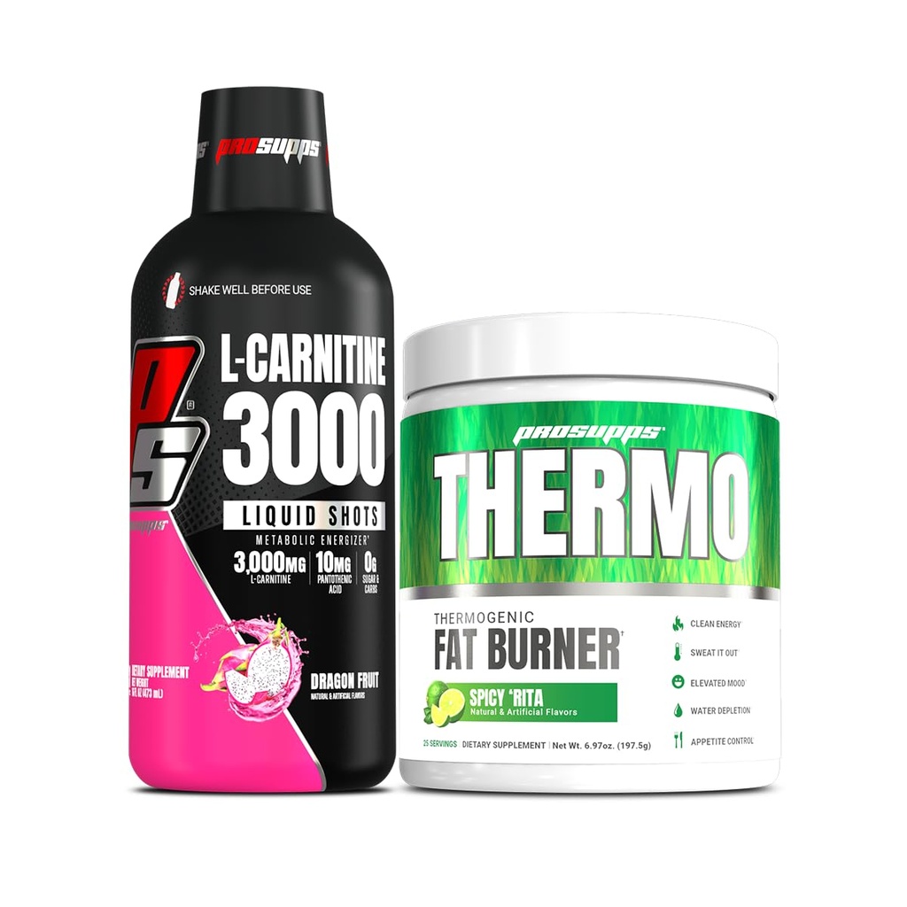 PROSUPPS L-Carnitin 3000 Stimulant freie flüssige Schüsse (31 Servierungen, Drachenfrucht) und Thermo Fat Burning Thermogenic Powder (25 Servierungen, Spicy 'Rita) Bundle