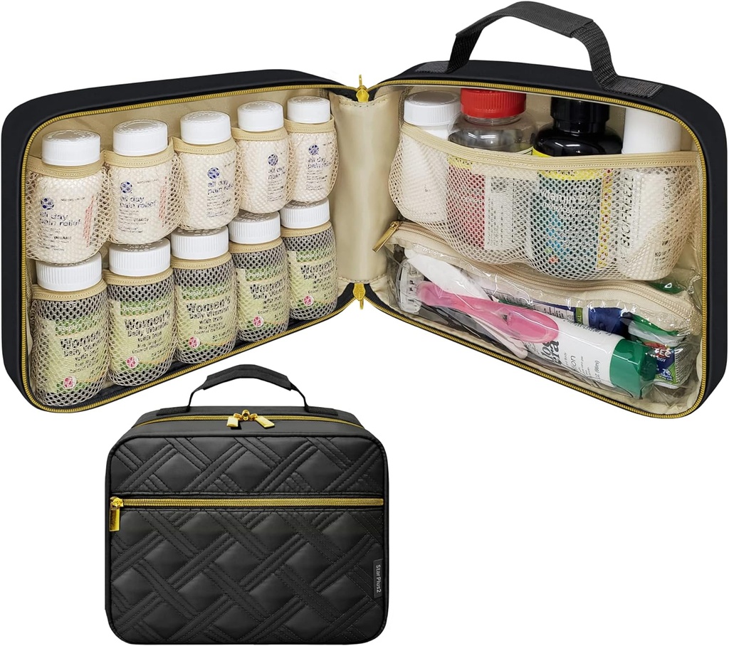 Large Quilted Pill Bottle Organizer, Medizintasche, Case, Träger für Medikamente, Vitamine und medizinische Versorgung - Reisemedizin Organizer und Home Storage Med Bag - Schwarz (Ohne Schloss)