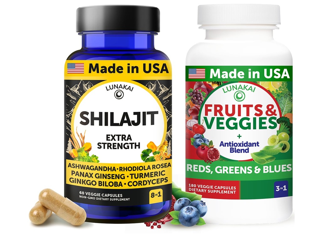 Lunakai USA Made Shilajit & Superfood Fruits & Veggies Supplement Bundle mit Ashwagandha, Rhodiola, Cordyceps & 4 Blends für Energie & Wellness