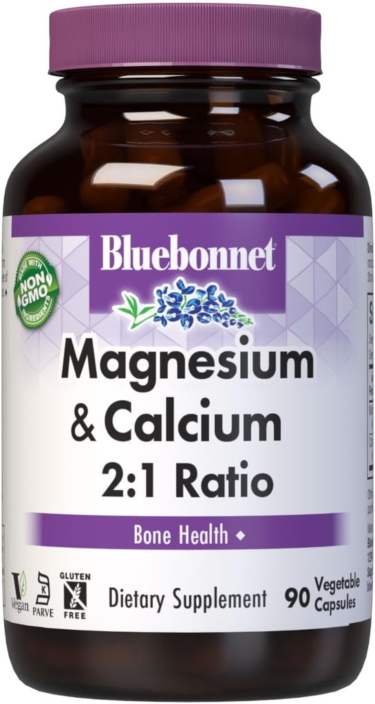 Bluebonnet Nutrition Magnesium & Calcium 2:1 Ratio, Knochengesundheit*, Non-GMO, Vegan, Kosher Zertifiziert, Glutenfrei, Sojafrei, Dairy-frei, 90 Gemüsekapseln, 30 Portionen