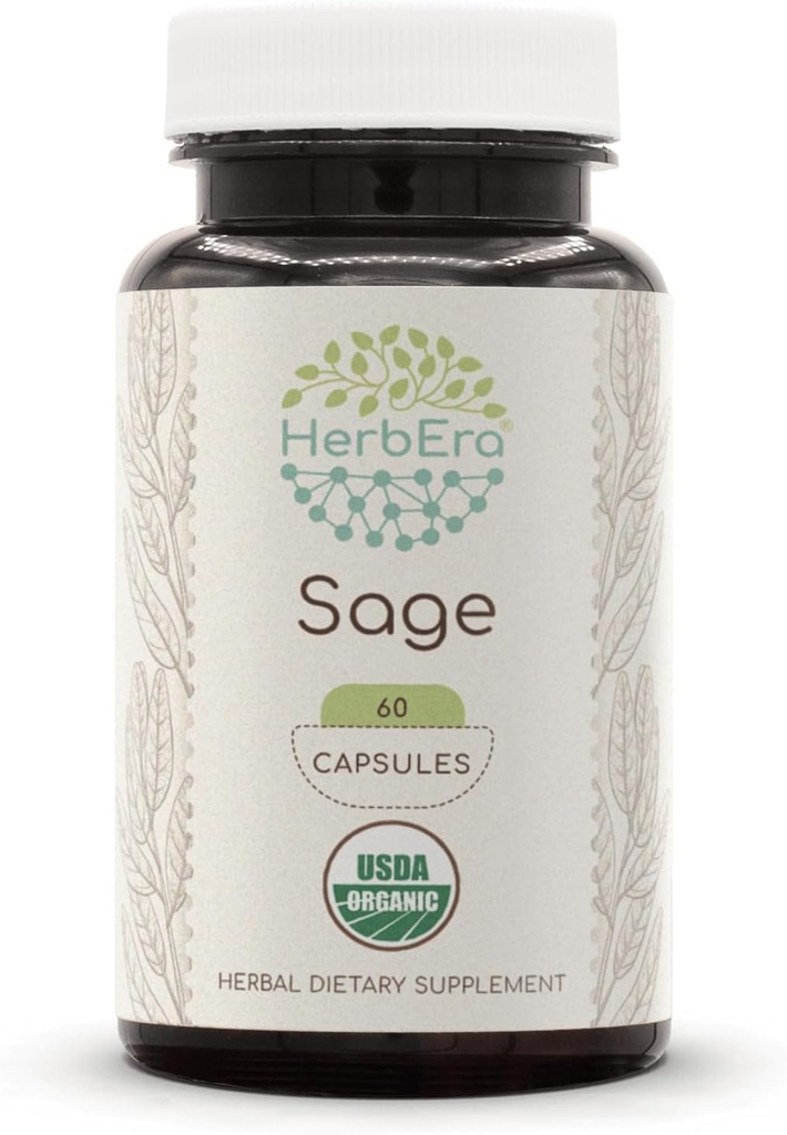 HerbEra Sage 60 Kapseln, 500 mg, USDA Organic Sage (Salvia officinalis) Getrocknete Blatt (60 Kapseln)