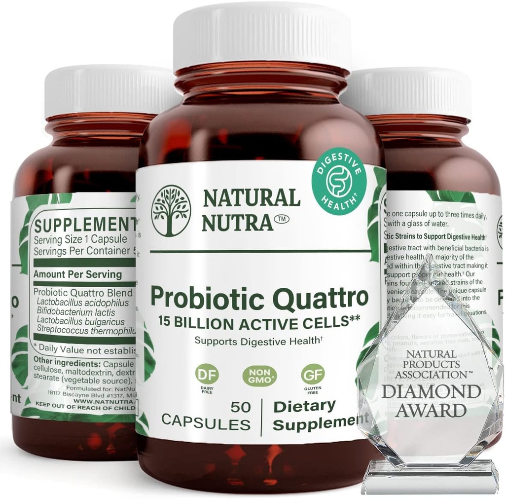 Natural Nutra Probiotic Quattro – Advanced Probiotic Supplement mit 4 leistungsfähigen Strains einschließlich Lactobacillus Acidophilus, Bifidus – unterstützt Verdauungs- und Immungesundheit – 50 vegetarische Kapseln