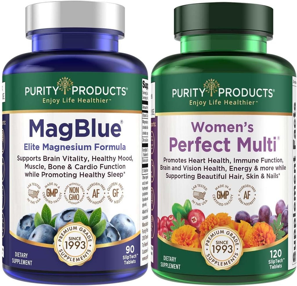 Purity Products Bundle - MagBlue + Women's Perfect Multi - MagBlue (Magnesium Bisglycinat + Vitamin D3 +Mehr) - Frauen Perfect Multi - Unterstützt Harnwege Gesundheit, Immunität, Haar Hautnägel +Mehr
