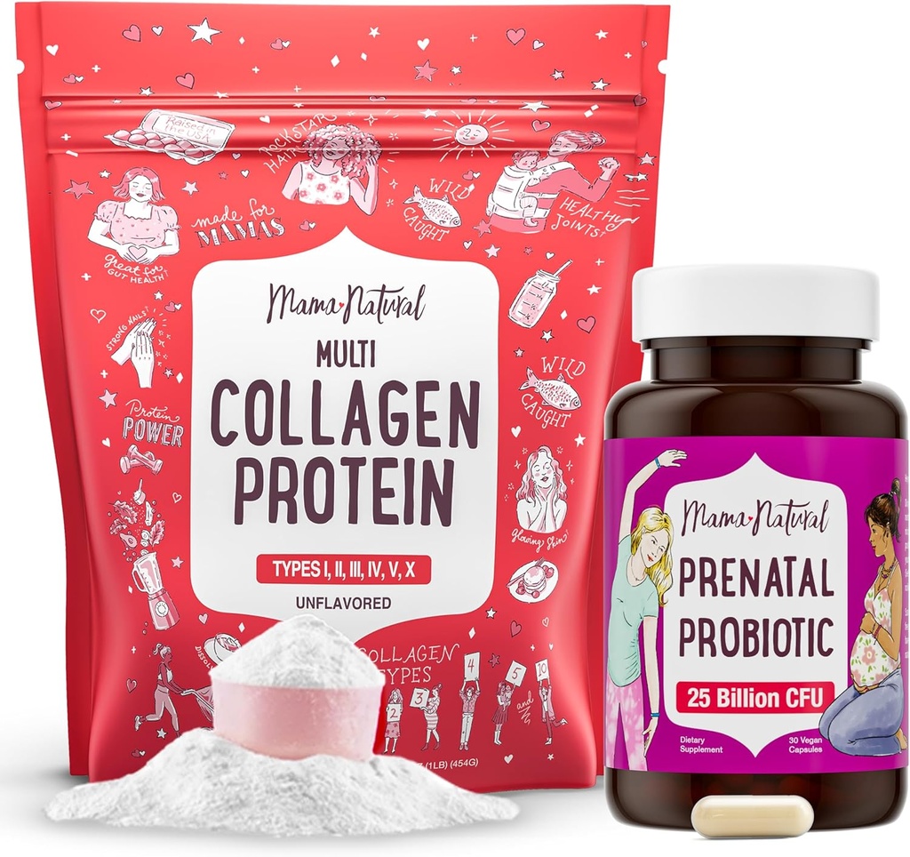 Mama Natural Prenatal Probiotic & Multi Collagen Protein Bundle - 25 Billion CFU & 11g hydrolysierte Collagen Peptide für Schwangerschaft, Haar, Haut, Nails & Digestive Health Support