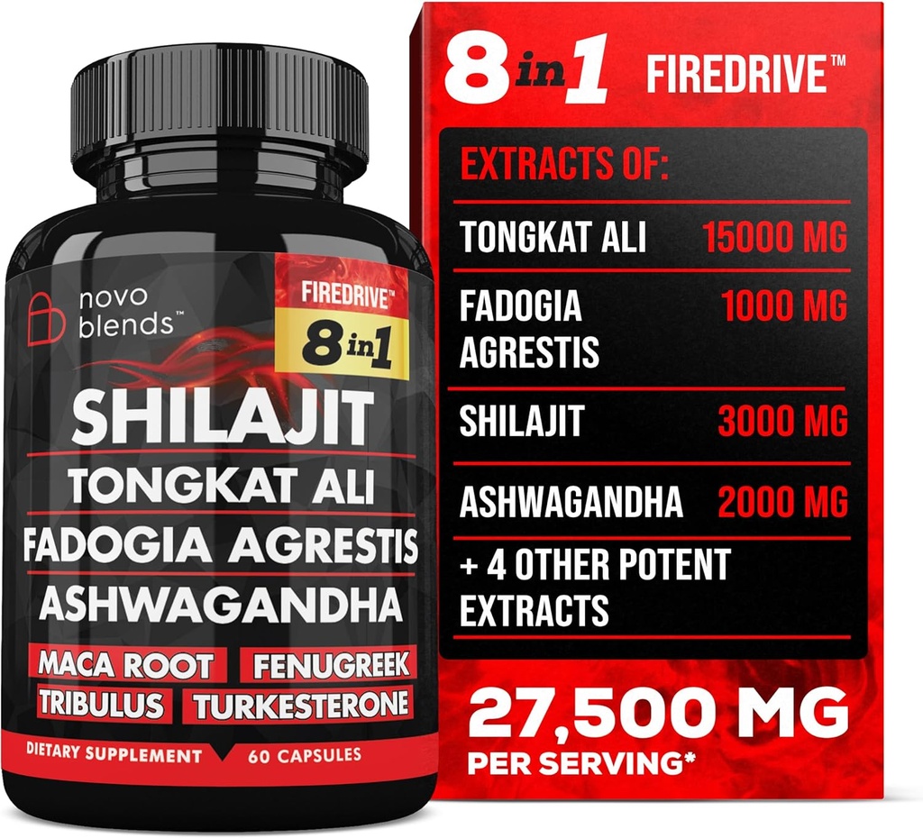 Shilajit 3000mg Tongkat Ali 15.000mg Fadogia Agrestis 1000mg Maca Root 2000mg Ashwagandha 4000mg Fenugreek 1500mg Tribulus Terrestris 500mg Turkesterone 500mg, 8-in-1 Supplement Blend für Herren