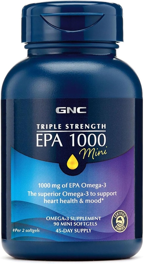GNC Triple Strength Fish Oil EPA 1000 Mini, 1000mg Omega 3, Mini Softgels, Supports Eye, Brain, Skin, Healthy Triglycerides, Heart, Joint, Coated to Control Fishy Burps, 45 Servings