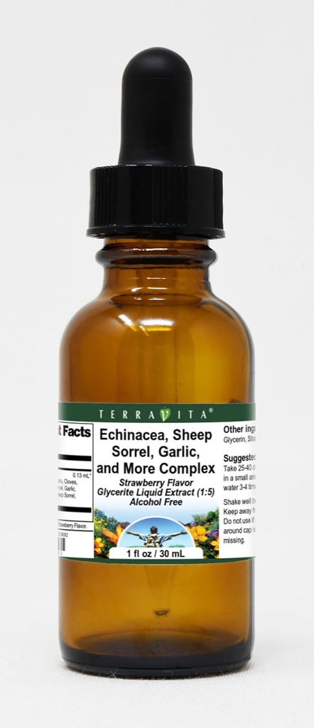 Terravita Echinacea, Sheep Sorrel, Knoblauch, und Mehr Komplexe Glycerite Flüssiger Extrakt (1:5) - Erdbeere aromatisiert (1 Unze, ZIN: 523692)