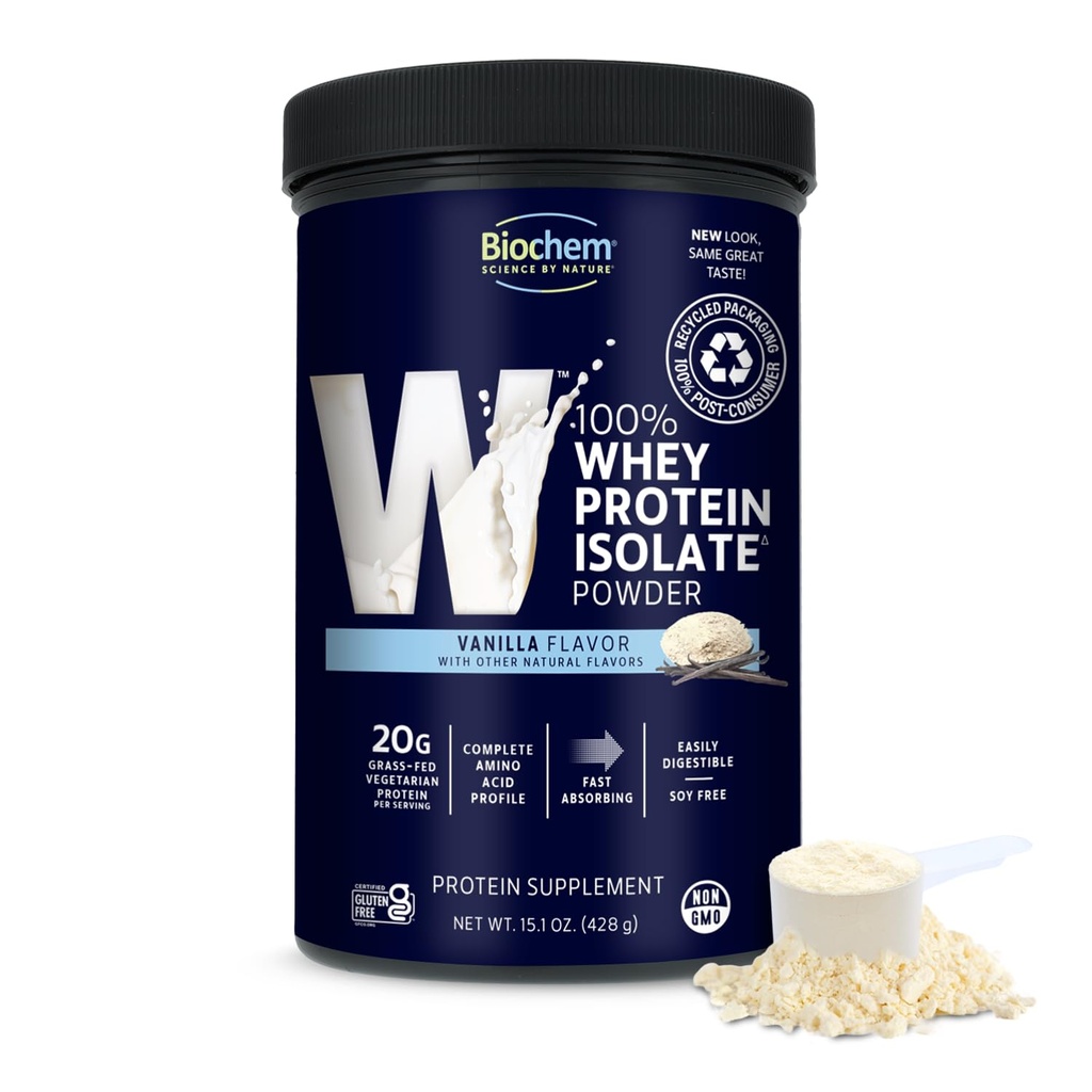 Biochem 100% Whey Isolate Protein - Vanilla Flavor - 15.1 Unze - Unterstützt Immungesundheit - Einfach digestible - Refreshing Taste - 20g Vegetarisches Protein - Aminosäuren