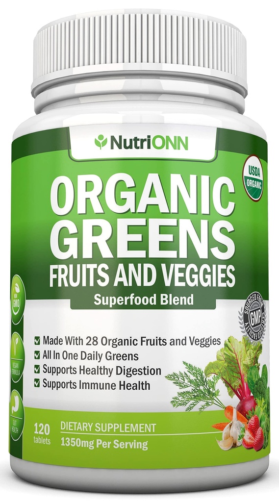 Bio Super Greens Kapseln - Obst und Gemüse Ergänzungen - 120 Count - 28 USDA Organic & Vegan Premium Zutaten - Superfood Mischung für Immungesundheit, Verdauung & Energie - Ganze Nahrung Vitamine