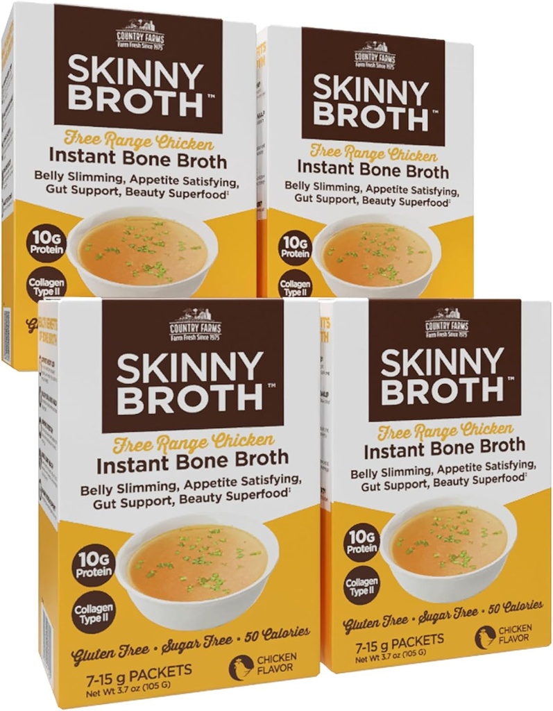 COUNTRY FARMS Skinny Broth 7-Day Plan, Instant Chicken Bone Broth, 10G Protein, Collagen Typ II, fördert bessere Verdauung, Knochengesundheit, 7 Tage Plan, 4 Pack, 28-15g Packets