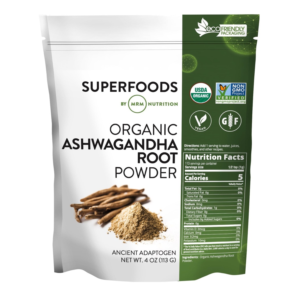 MRM Nutrition Organic Ashwagandha Root Powder | Superfoods | Antioxidantien | Vegan + Glutenfrei | 113 Servierungen