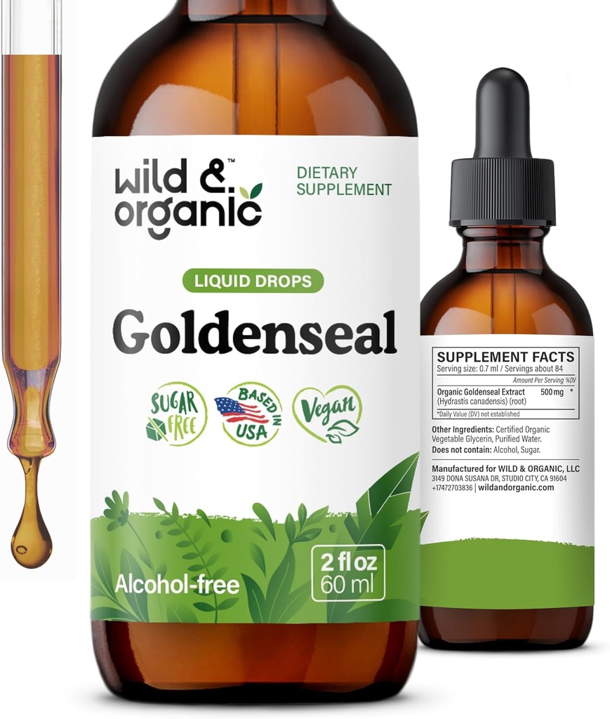 Wild & Organic Goldenseal Wurzel-Tinktur - Lung Cleanse, Immun- & Verdauungsunterstützung - Flüssige Goldenseal-Ergänzung - Vegan, Zucker & Alkoholfreie Kräutertropfen - 2 fl oz