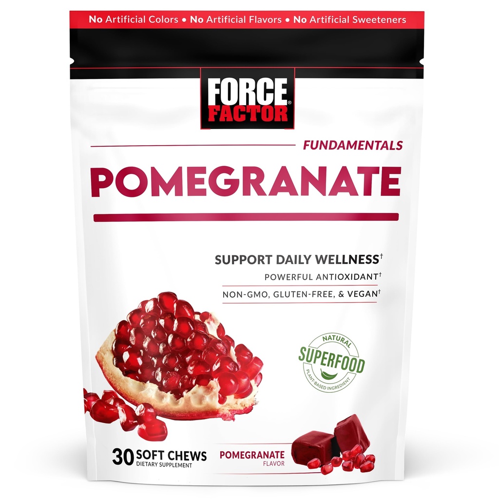 Force Factor Pomegranate Soft Chews for Healthy Aging, Heart, Bone, & Brain Health, Made with Real & Premium Pomegranate Juice Powder, Non-GMO, Gluten-Free, Vegan, Pomegranate Flavor, 30 Soft Chews