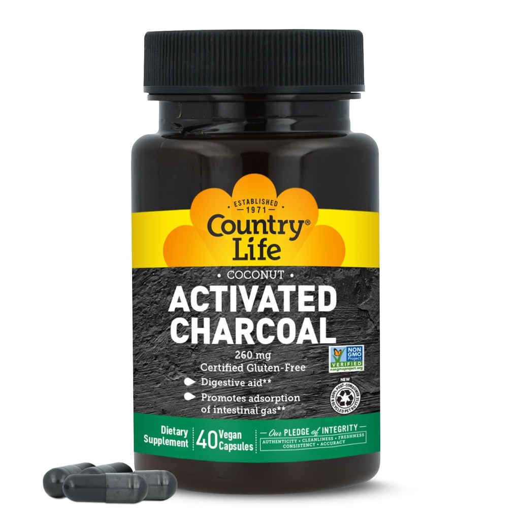 Country Life Coconut Activated Charcoal Capsules, 260mg – Natural Charcoal Supplement for Gas and Bloating Relief - Glutenfrei, 40 Vegan Capsules