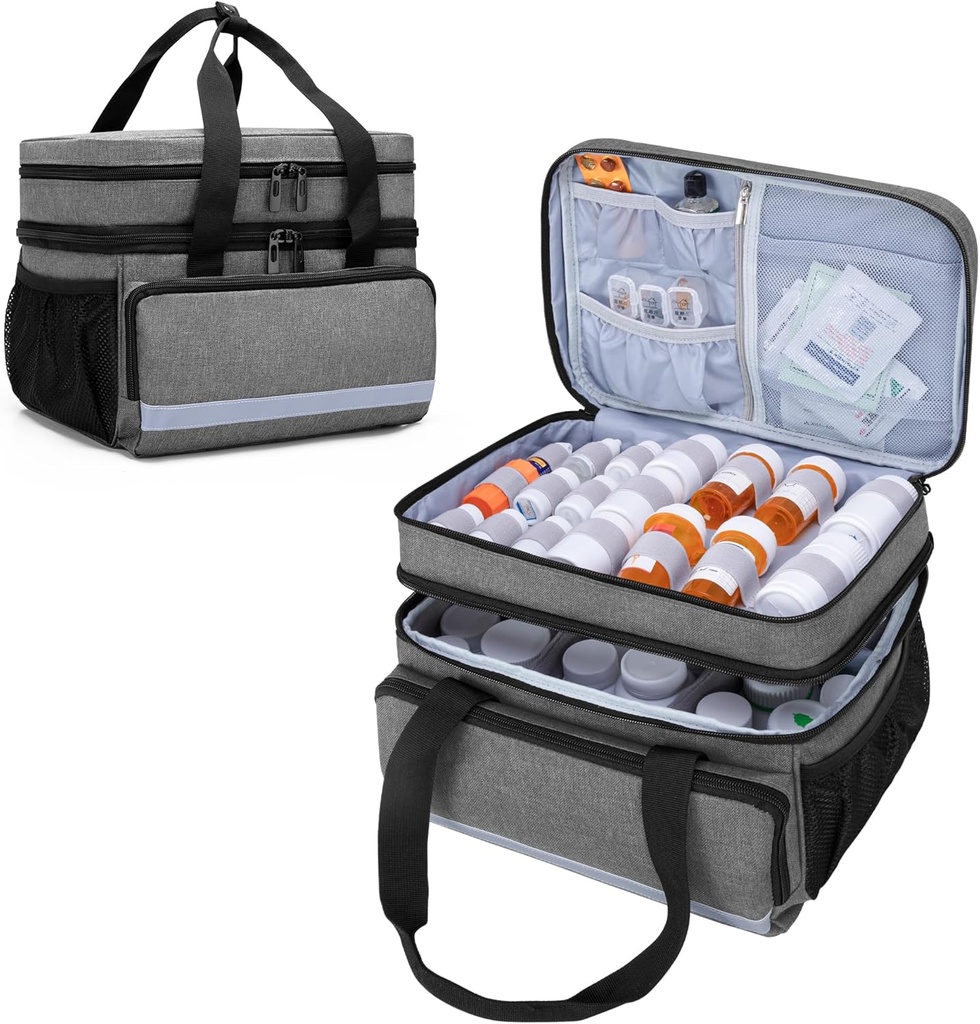 CURMIO Double Layers Pill Bottle Organizer Tasche Leere, Medizin Organizer Aufbewahrungstasche mit abschließbaren Zippers, Medication Travel Bag für Rezept Flaschen, medizinische Versorgung, Grau (Patent Design)