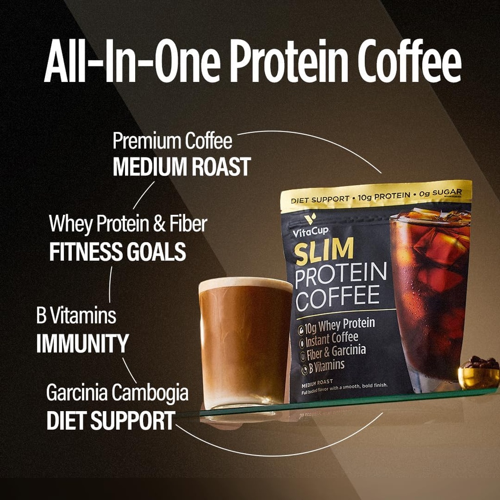 VitaCup Slim Protein Kaffee Shake für Diät-Unterstützung, Instant Kaffee w/Whey Protein Pulver, B Vitamine & Fiber, Dietitian entwickelt für Leistung und Geschmack, Machen Sie wie Iced Kaffee oder Shake, 20 Servierungen