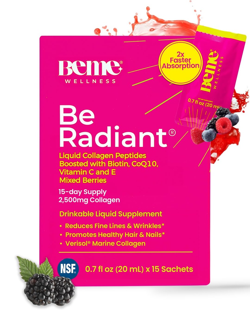 BeMe BeRadiant Liquid Collagen Peptide für Haare, Haut und Nägel mit 2X schnellerer Absorption – Klinisch getestet – 2500mg Verisol hydrolysierte Collagen Ergänzungen für Frauen mit Biotin, CoQ10 & Vitamin C