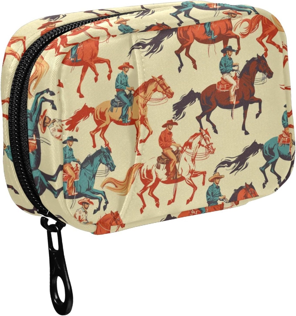 Fustylead Vibrant Retro Western Cowboy Pferd Pille Organizer für Geldbeutel, Wöchentliche tragbare Pille Box mit Reißverschluss zu Lagerung Vitamine Fischöle Medikamente Ergänzungen