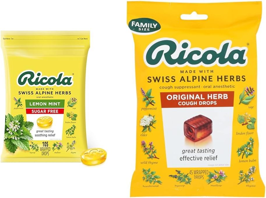 Ricola Sugar Free Lemon Mint Herbal Cough Suppressant Throat Drops, 105ct Bag & Original Natural Herb Cough Suppressant Throat Drops, 45 Drops, Fights Coughs Naturally