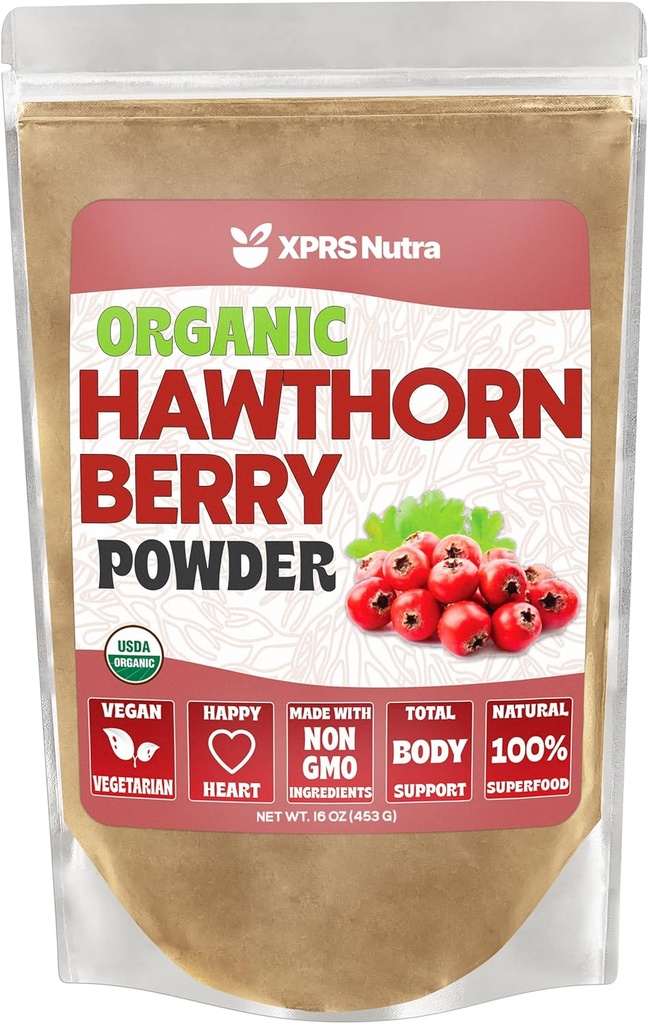 XPRS Nutra Organic Hawthorn Berry Powder - Premium USDA Organic Hawthorne Berry Powder für Herz-Kreislauf-Unterstützung - Vegan Friendly Hearth Health Supplement (16 Unze)