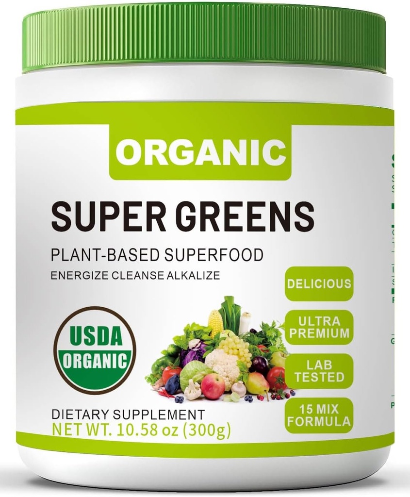 Bio Super Green Superfood Pulver mit Spirulina & Chlorella für Gut Gesundheit, unterstützt Immunität, Verdauungsgesundheit, natürliche Energie, Probiotikum, Antioxidans, Verdauungsenzyme, (300grs)
