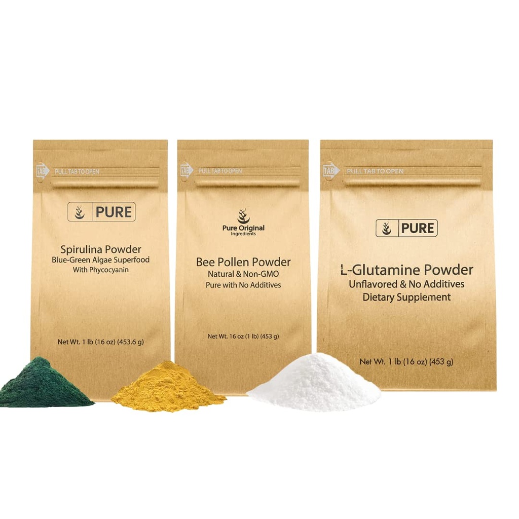 PURE ORIGINAL INGREDIENTS Bienen Pollen, L-Glutamin, & Spirulina Pulver Bundle, (1lb) Lebensmittelsicherheit, Ergänzungspulver