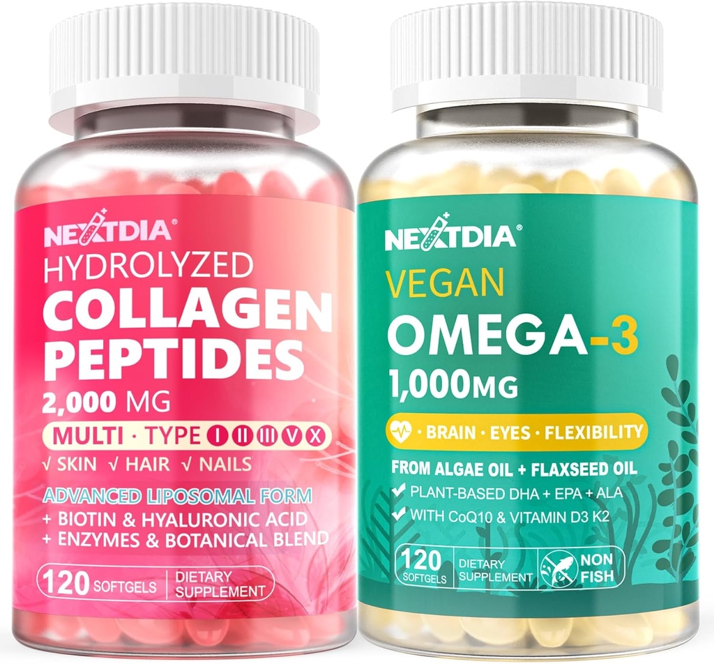 Hydrolysierte Collagen Peptide Pillen + Vegan Omega 3 Ergänzung mit Vitamin D3 K2