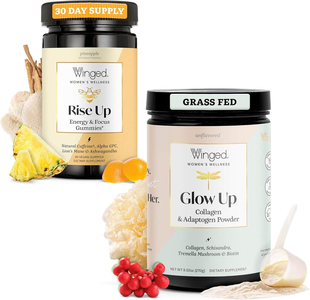 Winged Rise Up Gummies | Energy & Brain Boost Supplement & Glow Up Collagen Powder | Besseres Haar, Haut, Nägel für Frauen Bundle
