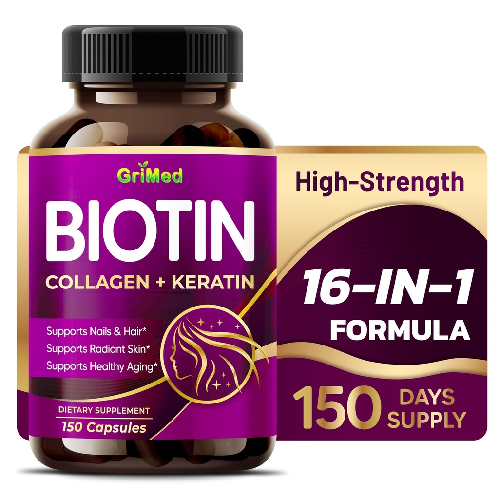 GriMed BIOTIN mit Collagen + Keratin 7,275mg Starke Nägel & Haare, Radiant Haut, Gesunde Alterung- USA Made & Tested (150 Count (Pack von 1))