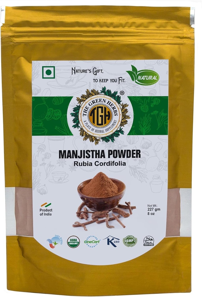 Die grünen Kräuter Manjistha Wurzelpulver, 227g fein gemahlen, natürlich und chemisch-frei, Kräuterpulver, Rubia Cordifolia