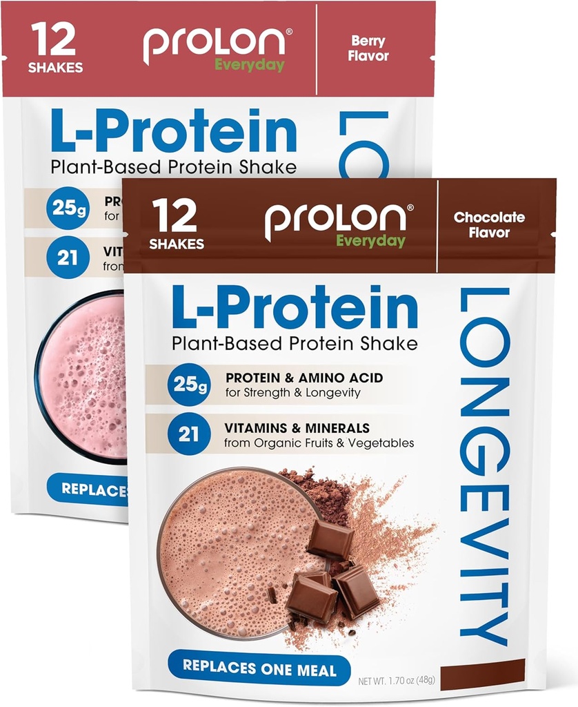Prolon Longevity Plant Based Protein Powder | Muskelsynthese & Reparatur, Gesunde Alterung, Boost Performance | Vitamine, Glutenfrei, Aminosäuren | 25g Protein | Schokolade und Berry, 24 Packungen