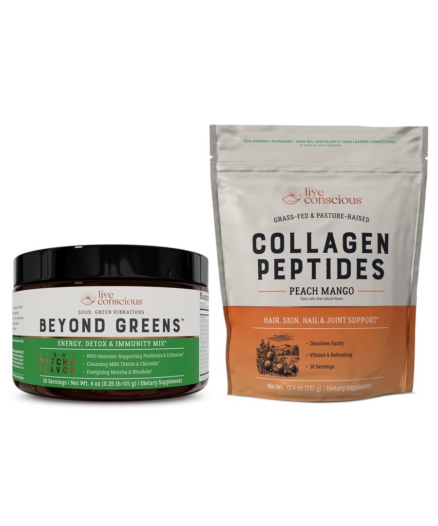 Live Conscious Beyond Greens & Collagen Peptides Peach Mango| Pilz Kaffee Alternative Niedrig Koffein + Haar, Haut, Nagel und gemeinsame Unterstützung