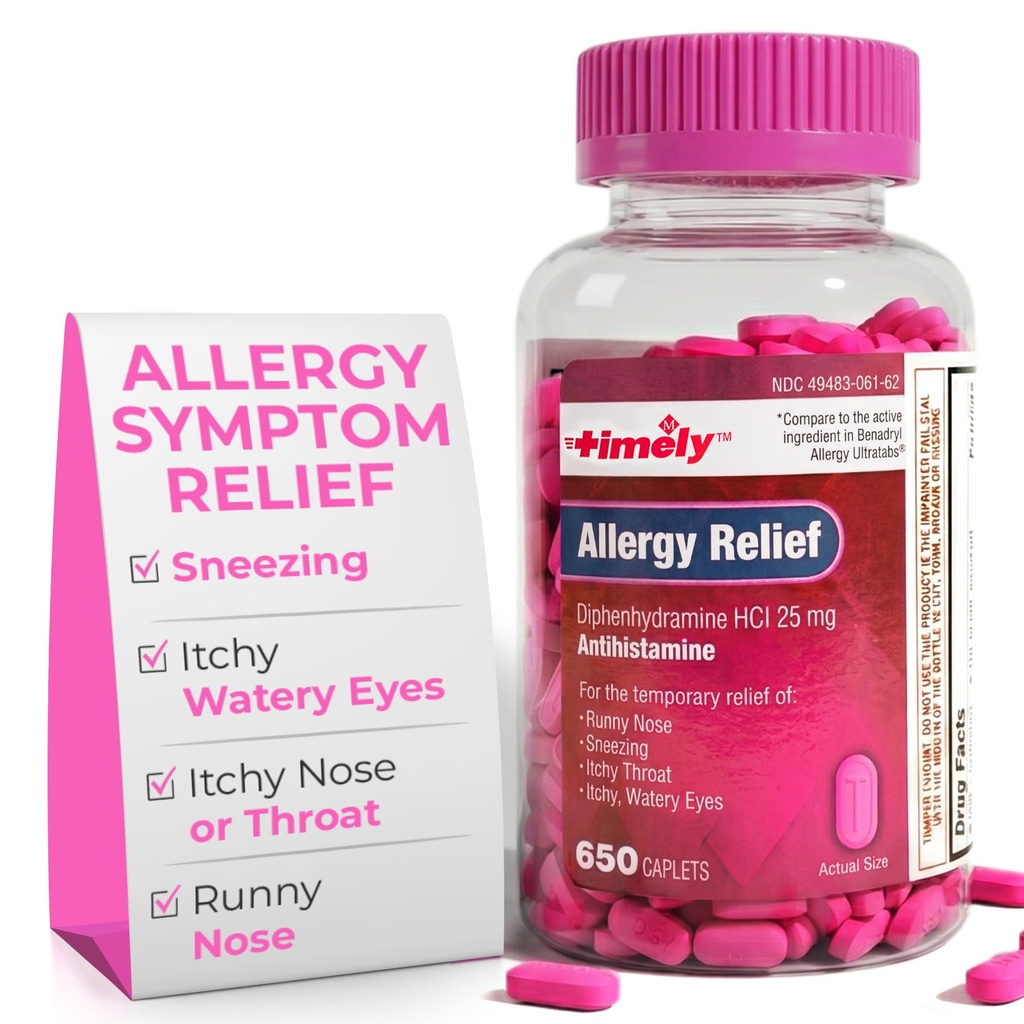 Timely Allergy Relief Diphenhydramine HCl 25 mg - 650 Caplets - Im Vergleich zu Benadryl Allergy Ultratab - Antihistamin - Allergiemedikation - Runny Nose Relief für Erwachsene - Watery Eyes Treatment