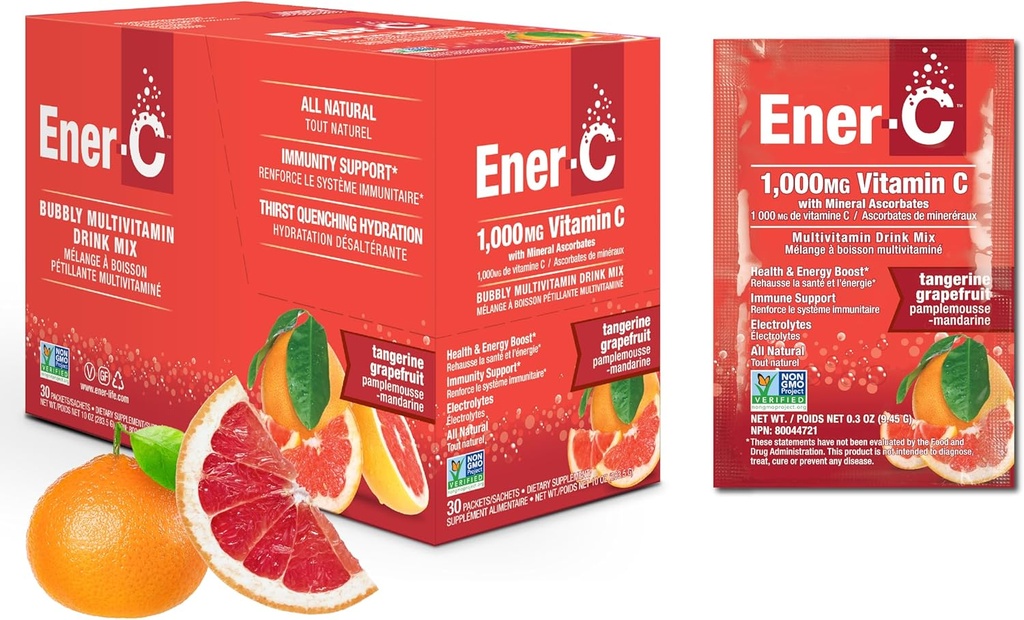 Ener-C Tangerine & Grapefruit Multivitamin Drink Mix, 1000mg Vitamin C, Non-GMO, Vegan, Real Fruit Juice Powders, Natural Immunity Support, Electrolytes, Gluten Free, 1-Pack of 30