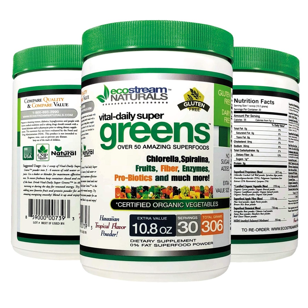 Vital First Daily Greens Superfood Powder 50 Whole Super Foods with Spirulina, Chlorella, Flax Seed, Fiber and Enzymes with Organic Greens - 30 Servings