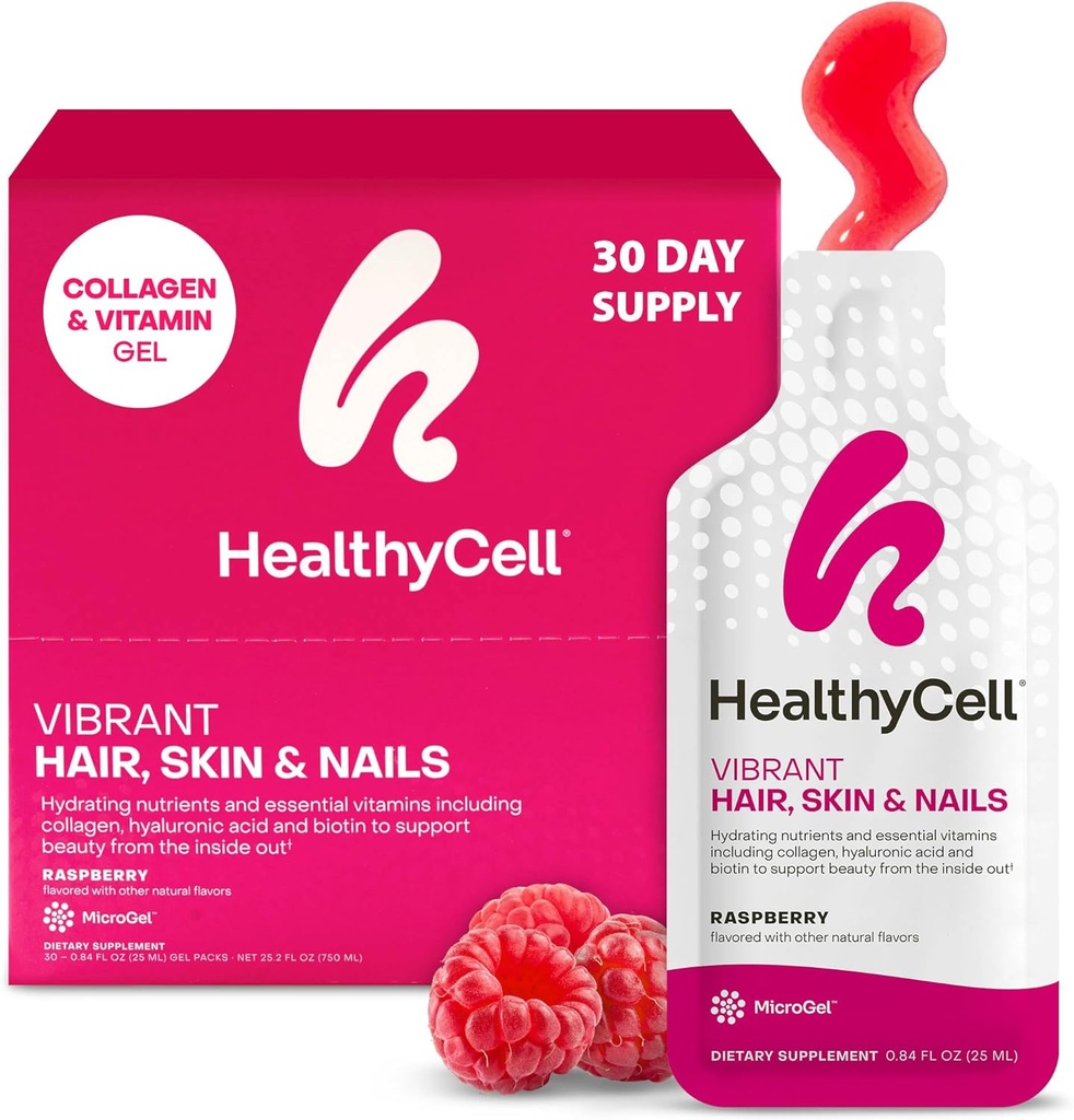 Healthycell Vibrant Hair Skin & Nails Daily Liquid Supplement - Beauty Supplements mit hydratisierenden Nährstoffen & essentielle Vitamine - Collagen, Biotin & Hyaluronsäure - 30 Gel Packs