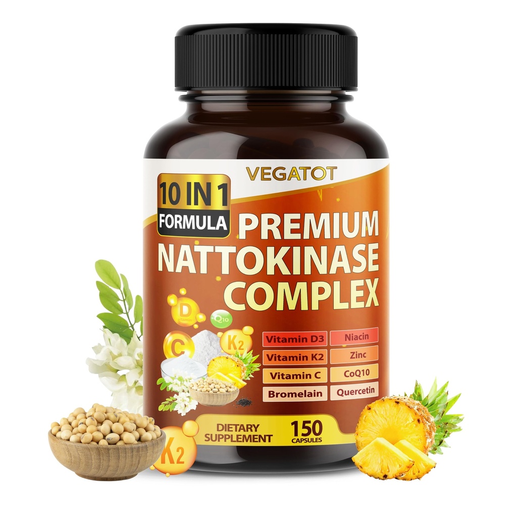 VEGATOT Organic Nattokinase Complex - 10IN1 Formel Vitamin D3, Niacin, Vitamin K2, Zink, CoQ10, Quercetin - Made in USA (150 Count (Pack von 1))