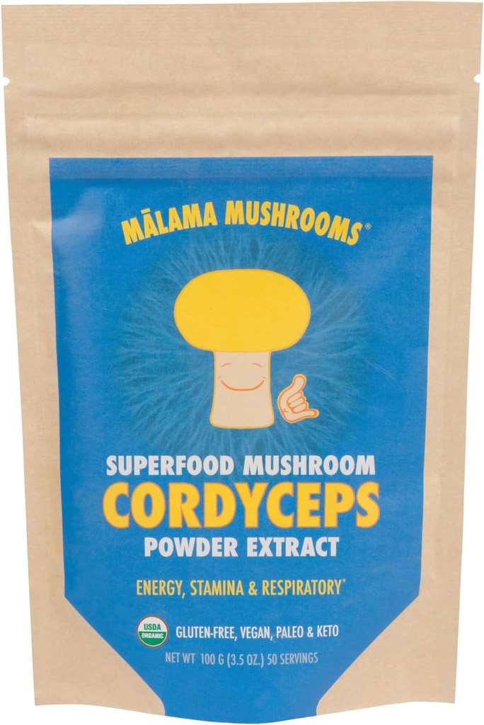Cordyceps Extrakt Pulver von Malama, Organische Fruchtkörper Cordyceps Pilzpulver, Superfood Adaptogenic, unterstützt Energie, Ausdauer & Stimmung, 100 Servierungen