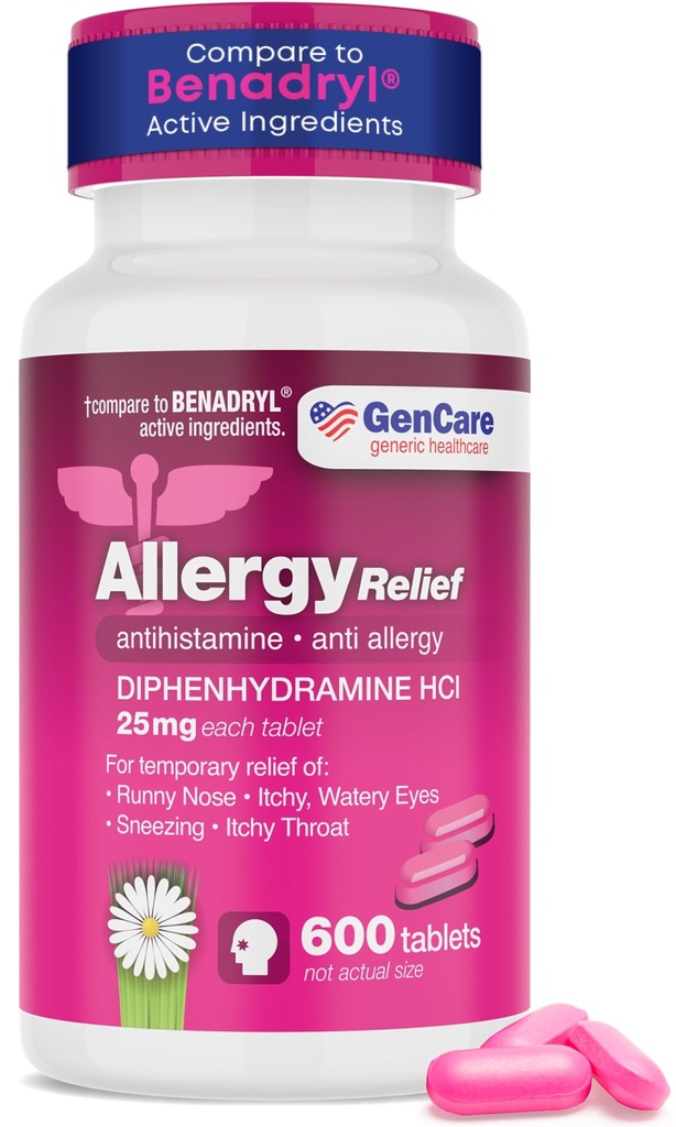 GenCare - Allergie Relief Medizin | Antihistamin Diphenhydramine 25mg (600 Tabletten pro Flasche) Wert Pack | Relieve for Itchy Eyes, Sneezing, Runny Nose | Saisonale oder Indoor & Outdoor Allergien